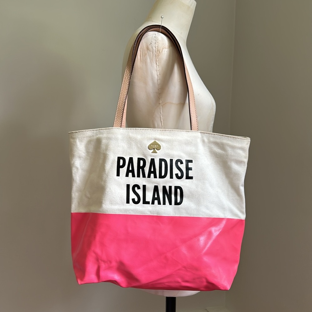Kate Spade SPG Paradise Island Tote Ivory Canvas and Pink Leather Vacation Bag